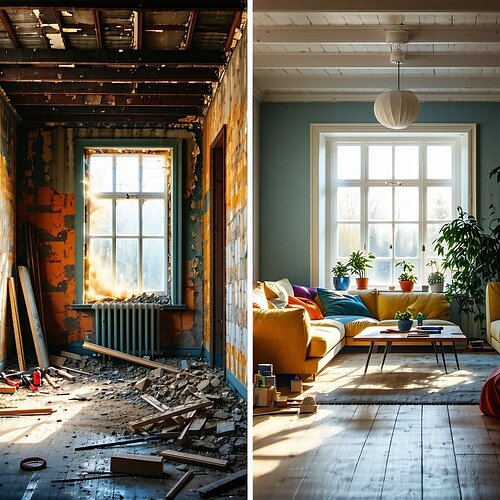 The image depicts a split view of a cozy welllit living room undergoing renovation On the left side the ro...ray with tools scattered across the floor exposed beams and a partially removed wallpaper revealing layers of paint ben-1